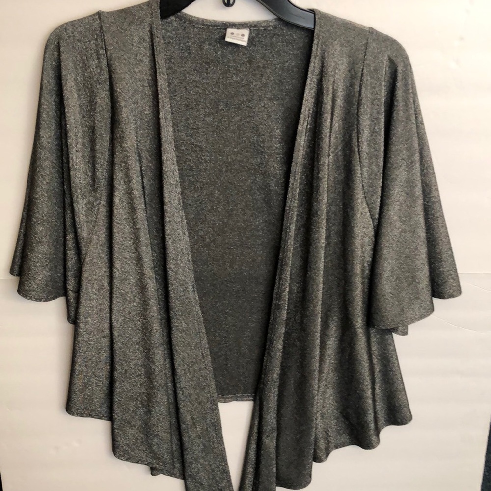 Three Dots Silver Shimmer Open Front 3/4 Sleeves Loose Fit Top Blouse Ca…